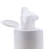 A white container with a lid, featuring a wet tissue partially pulled out from it.