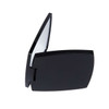 A compact mirror in sleek black, featuring a reflective interior and a glossy exterior. It also has a logo on the surface.