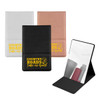 A compact mirror in white, rose gold, and black with a stand-up design and branding.