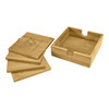 A set of bamboo coasters in natural tones, neatly stacked beside a wooden tray, featuring a simple logo.