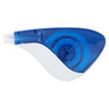 A correction tape dispenser in blue and clear plastic, featuring a curved design and a visible applicator wheel.