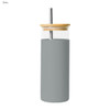 A drink bottle in grey with a bamboo lid and a stainless steel straw, featuring a sleek, modern design.