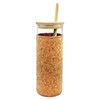 A drink bottle made of glass, featuring a cork exterior and a bamboo lid with a straw.