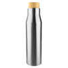 A drink bottle with a sleek stainless steel body and a natural bamboo cap. It features a logo on the surface.