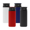A drink bottle collection featuring white, red, navy blue, and black versions, each with a black lid and branding.