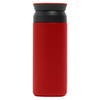 A drink bottle in vibrant red with a black lid, featuring a sleek design and a logo. Ideal for beverages.