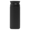 A drink bottle in matte black with a smooth texture and a screw-on lid, featuring a minimalist design and branding.