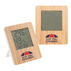 A bamboo desk clock featuring a digital display for temperature and humidity, with a stand and branding on the front.