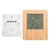 A bamboo desk clock with a digital display showing temperature, humidity, and time. The back is white with buttons.