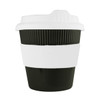 A drink bottle styled reusable coffee cup in black with a white band and lid, featuring ridged texture and a logo.