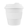 A reusable white coffee cup with a textured silicone band and a lid, featuring a logo.