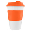 A reusable coffee cup with a white base and an orange silicone grip and lid. It features a logo.