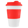 A drink bottle features a white body and a bright red silicone band and lid, with a logo on the side.