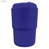 A drink bottle in dark blue with a ribbed design and a smooth lid, featuring a branding logo.