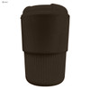 A drink bottle in brown with a ribbed exterior and a logo on its surface. Reusable coffee cup design.