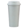 A drink bottle in light green with a smooth finish and a matching lid. Features a logo on the surface.