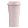 A reusable coffee cup in a light pink hue, featuring a lid and a subtle speckled texture. It has a logo.