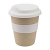 A reusable coffee cup in beige with a white lid and sleeve. It features a simple design with a logo.