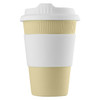 A reusable coffee cup in pale yellow and white, featuring a silicone sleeve and a lid, with a logo present.
