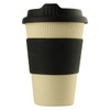 A reusable coffee cup in cream with a black lid and sleeve, featuring a textured grip and a logo.