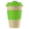 A reusable coffee cup in cream with a bright green lid and grip, featuring a logo.