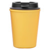 A reusable coffee cup in bright yellow with a black lid and logo. Perfect for eco-friendly drinkware.