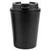 A reusable coffee cup in matte black featuring a lid with a drinking opening. It has a logo.