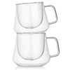 A set of two transparent glass coffee cups with a modern design and curved handles, featuring a sleek, minimalist look.