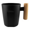 A black reusable coffee cup with a wooden handle, featuring a modern design and a logo on its surface.