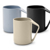A drinkware set featuring three reusable coffee cups in blue, black, and cream, each with a distinctive handle and a logo.