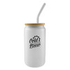 A frosted glass tumbler with a wooden lid and a metal straw, featuring a logo on the front.