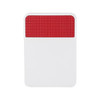 A rectangular fridge magnet clip with a textured red top and a white base, featuring a logo.