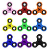 A grid of fidget spinners in various colours: pink, orange, yellow, green, blue, purple, and black, featuring a logo.