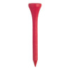 A red golf tee with a tapered design, featuring a rounded top. It has a logo on the side.