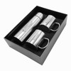 A drink bottle and two matching mugs in a sleek black gift box. The items are silver in colour and feature a logo.