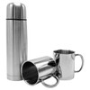 A drink bottle in silver stainless steel, accompanied by two matching mugs, all featuring a sleek design and handle.