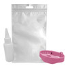 A pink wristband hand sanitiser dispenser, accompanied by a white squeeze bottle, packaged in a clear plastic bag.