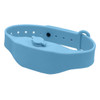 A blue wristband hand sanitiser dispenser made of silicone, featuring a pump for easy dispensing.