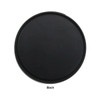 A black round USB hub with a smooth surface, featuring a logo on the back.