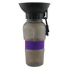 A drink bottle designed for pets, featuring a grey body, purple silicone band, and a black funnel top.