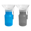 A drink bottle with a transparent funnel, in blue and grey colours, featuring a clip attachment.