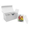 A white gift pack containing two clear cubes of colourful jelly beans. Each cube showcases assorted vibrant flavours.