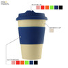 A bamboo coffee cup in cream with a blue silicone lid and band, featuring a logo.