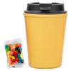 A drink bottle in a vibrant yellow colour with a black lid, accompanied by a pack of colourful jelly beans.