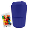 A reusable coffee cup in vibrant purple, accompanied by a pack of assorted jelly beans.