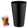A black party cup beside a pack of colourful jelly beans, showcasing an array of vibrant colours.