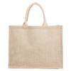 A natural jute bag in beige with two handles and a simple, unadorned design.