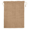A tan jute bag with a drawstring closure and a textured finish. It features a branding logo.