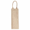 A jute wine carrier in a natural beige colour with two handles. It features a simple design and has a logo.