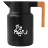 A drink bottle in matte black with a wooden handle and a logo on the front.